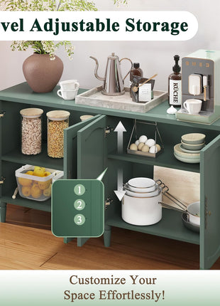 63" Mid-Century Modern Sideboard Buffet Cabinet with Carved Handles and Adjustable Shelves, Ideal for Living Room or Dining Room - Green
