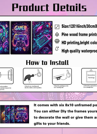 Game Room Canvas Wall Art Set - 16x12 Inch Framed 3-Piece Collection with 6 Additional 8x10 Posters, Neon Gaming Theme Decor for Boys and Youth Bedrooms
