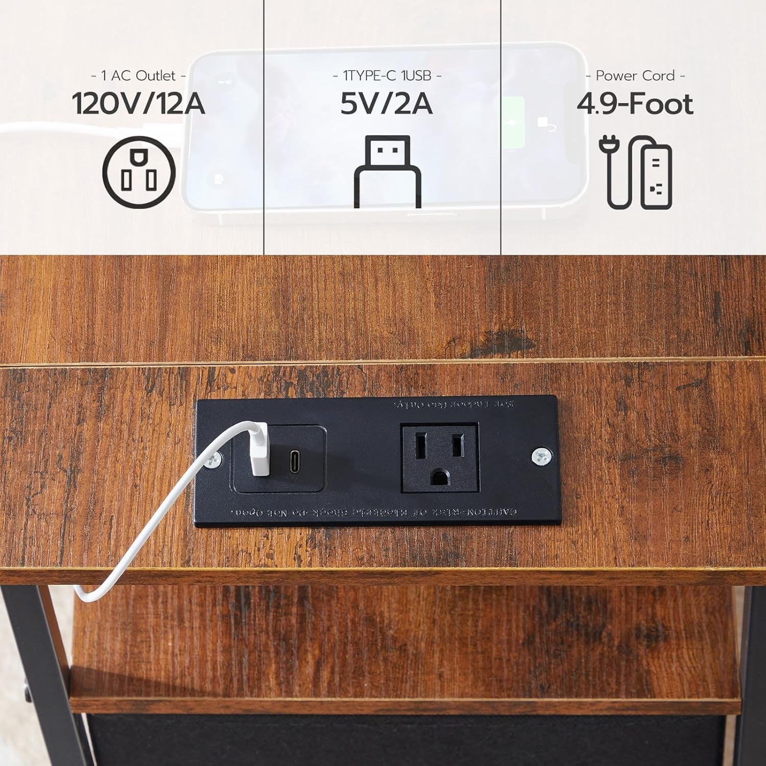 End Table with Charging Station, Narrow Side Table, Nightstand with 2 Non-Woven Drawers, Slim Sofa Side Table, for Small Spaces, Living Room, Bedroom, Rustic Brown and Black BF486UBZ01
