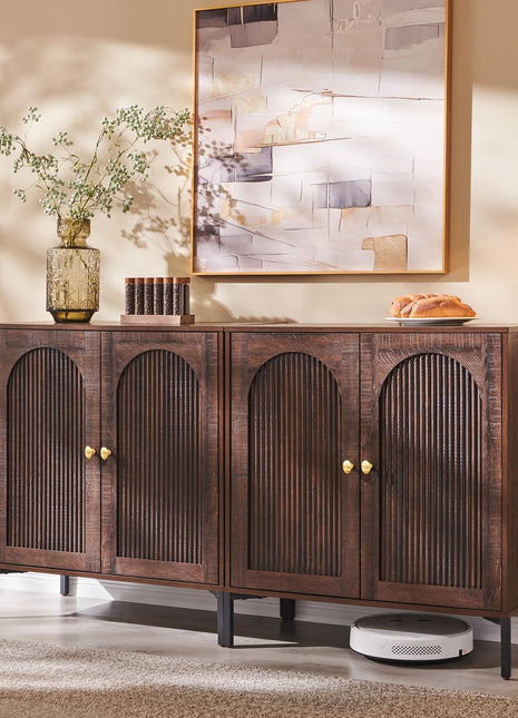 Modern Buffet Cabinet with Storage - 61.75" Fluted Arched Sideboard with Adjustable Shelves, Wooden Modular Coffee Bar for Dining Room, Kitchen, Living Room, and Entryway in Brown