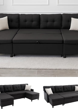 Oversized Sectional Sleeper Sofa with Storage Chaise - Comfortable Pull-Out Bed for Living Room in Stylish Black with Double Chaise