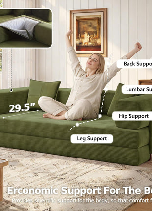 78.8'' Convertible Sleeper Sofa - Modular Corduroy Couch with Armrest Pillow, Easy Setup, Green