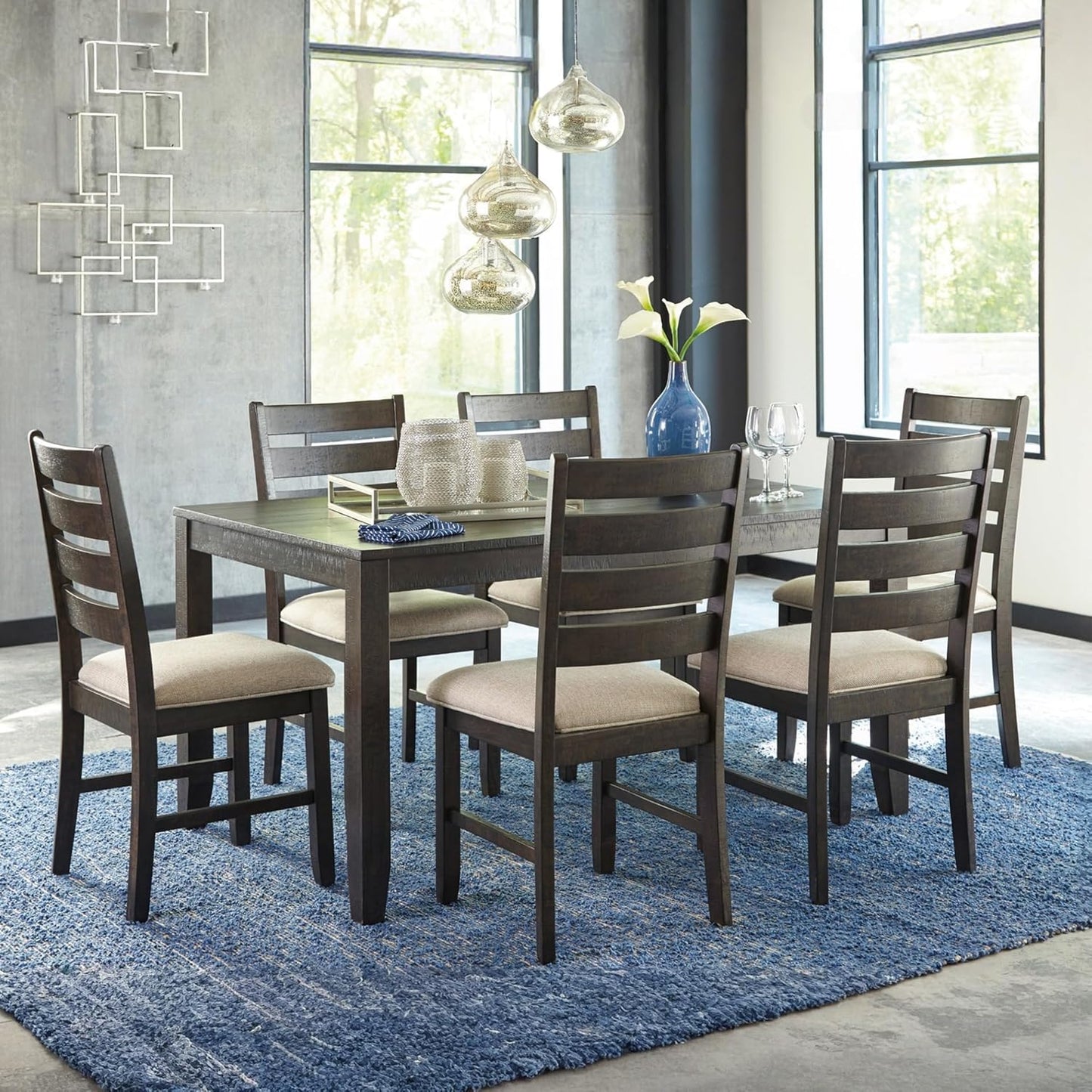 Rokane 7-Piece Dining Room Table Set with 6 Upholstered Chairs - Brown Wood 20" Rectangular Table & Chair Set for Kitchen Dining Room