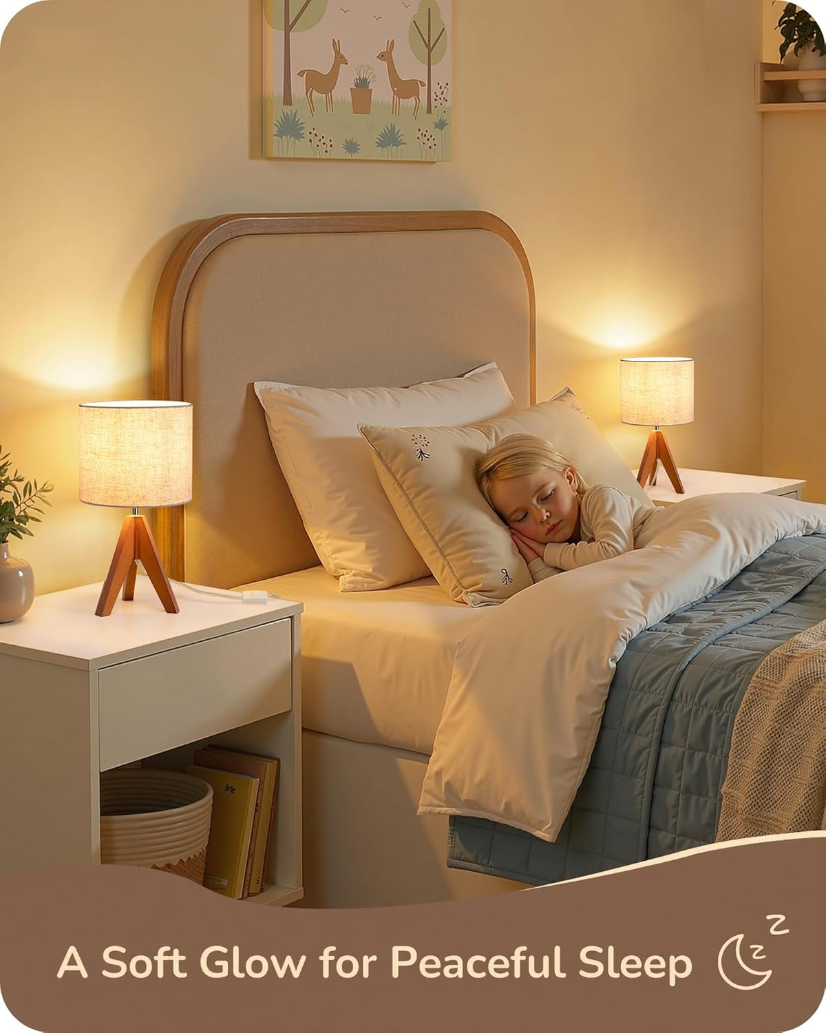 Tripod Table Lamp, Small Cute Bedside Lamp with Linen Beige Lampshade, Nightstand Lamp for Nursery, Bedroom, Kid Room, Living Room, Light Brown Wooden Base, E26 Socket, 14.2 Inch