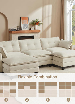 Modular U-Shaped Corduroy Sectional Sofa - 111.5" Comfortable 3-Seater with Two Movable Ottomans, Versatile Modern Deep Seat Design in Beige