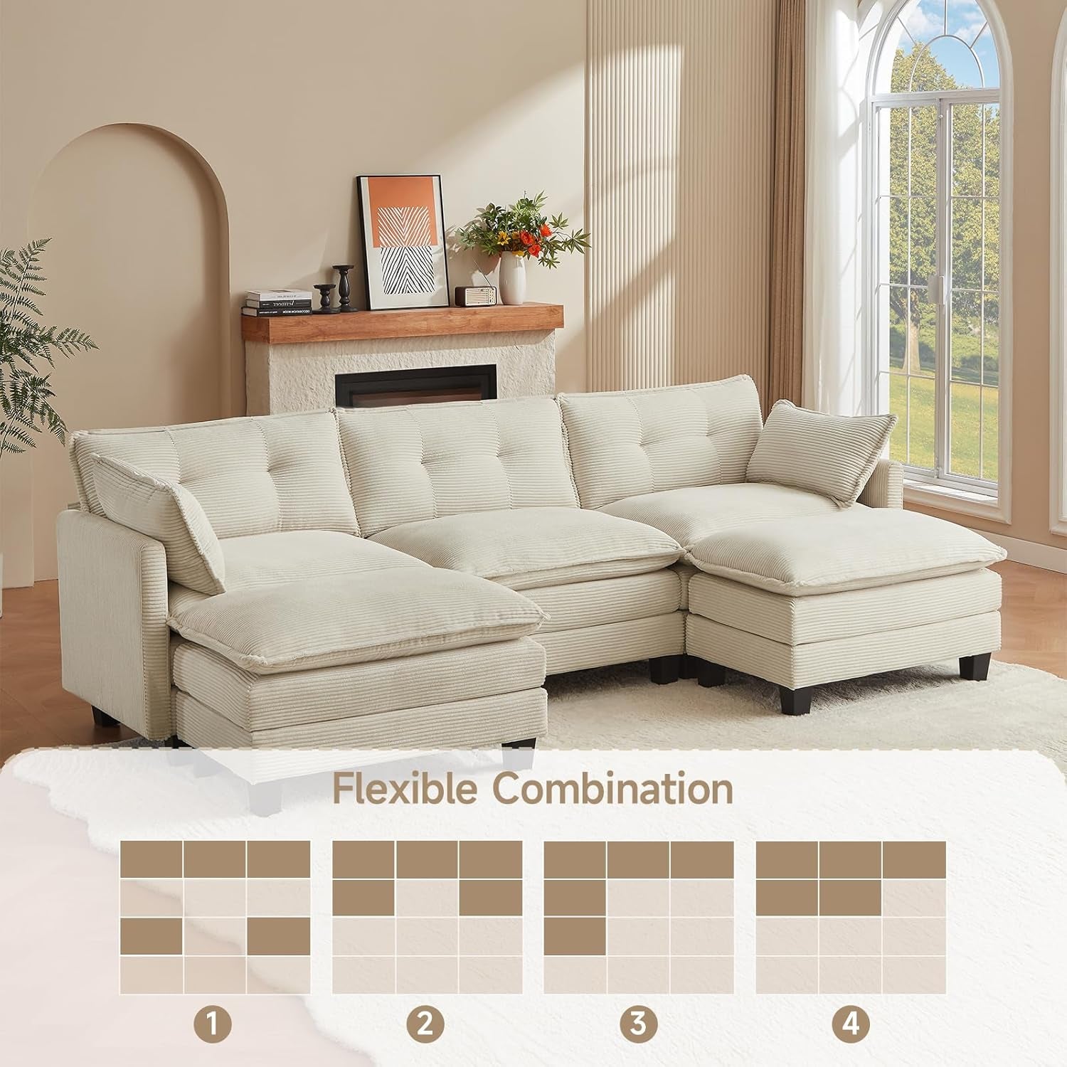 Modular Sectional Sofa, 111.5" U-Shaped Corduroy Comfy Sectional Couches for Living Room, 3-Seater Cloud Couches with 2 Movable Ottomans, Flexible Combination Modern Deep Seat Sofa (Beige)