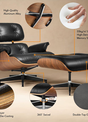 Mid-Century Modern Top Grain Leather Chaise Lounge Chair with Ottoman - Timeless Design and Robust Base Support for Living Room, Walnut Finish