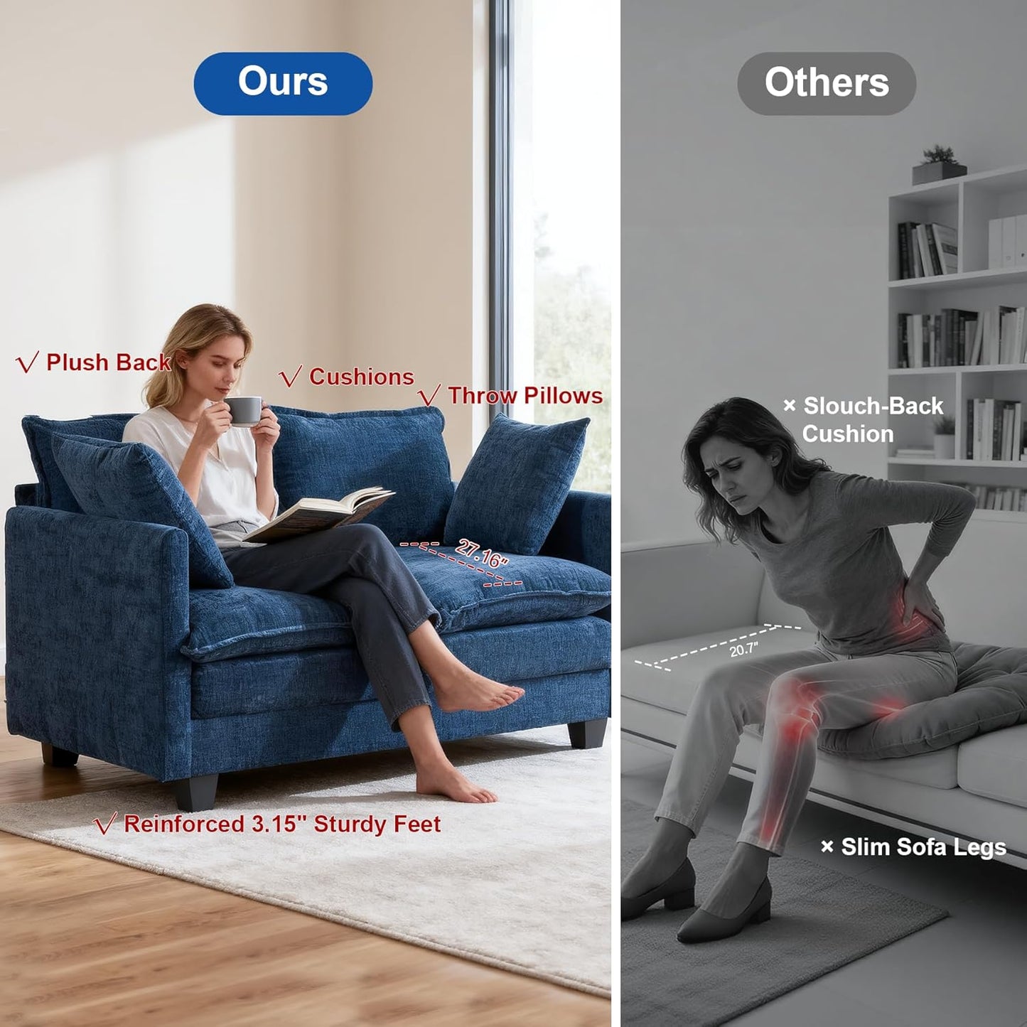 Loveseat Sofa Cloud Sofa Couch 50'', Modern Loveseats 2 Seat Couch 27" Deep Seat with 2 Pillows for Small Spaces Apartment Studio Office Bedroom Living Room 8834-BLUE