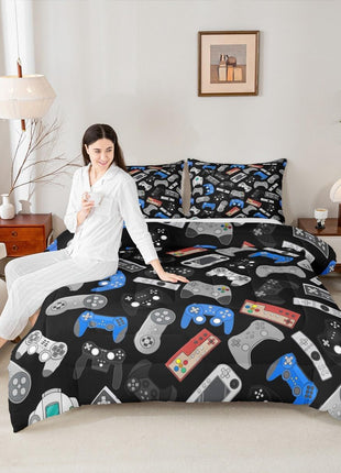 Modern Gamer Bedding Set for Teens, Full Size Down Comforter with Video Game Joystick Design in Black and Blue for Boys and Youth Bedrooms