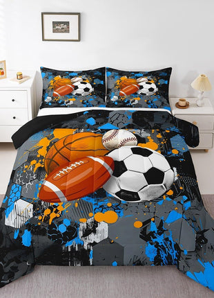 Twin Size Sports Comforter Set - Basketball and Football Bedding for Boys and Girls in Black, Grey, and Blue