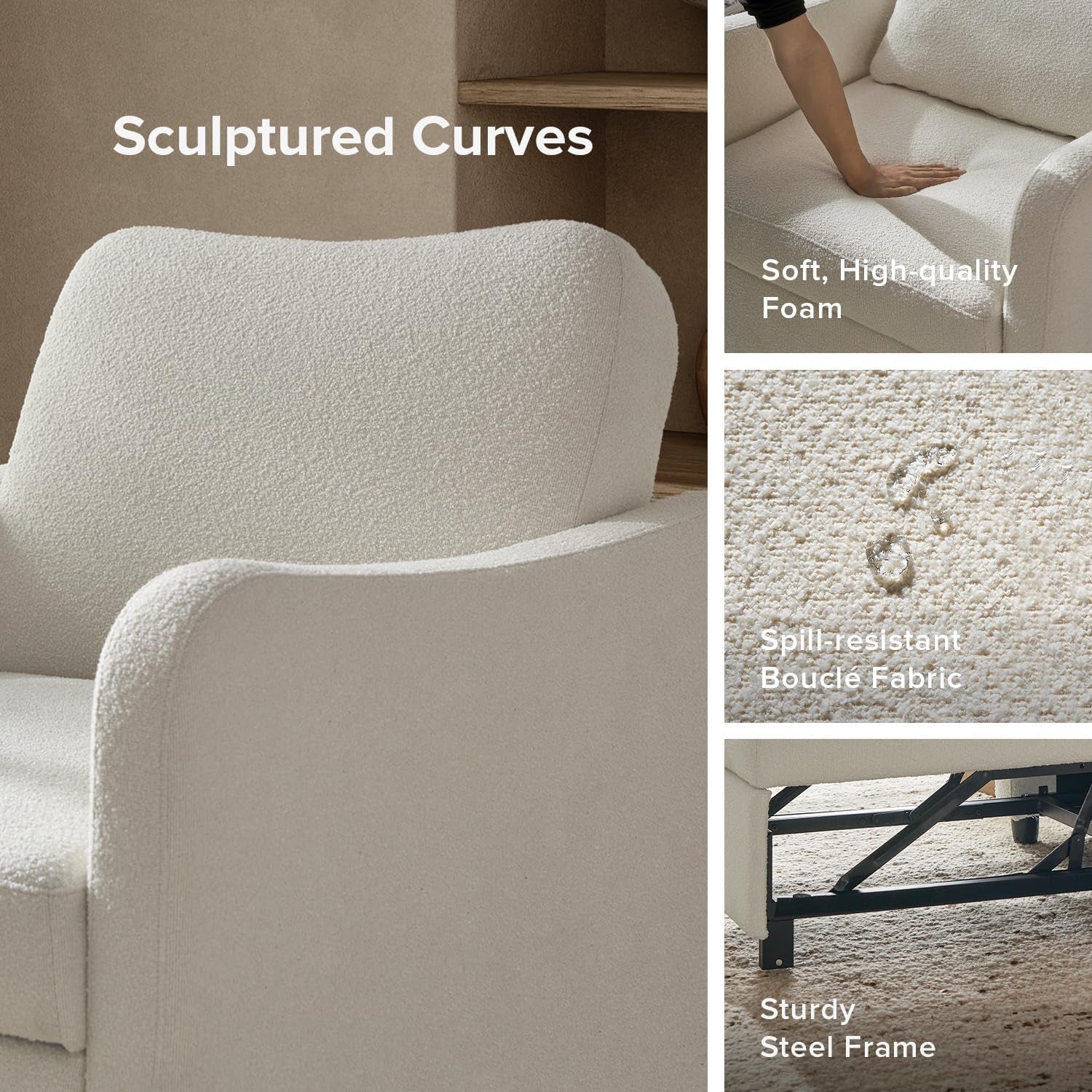 Sophie 4-In-1 Convertible Sleeper Chair Bed, Accent Chair, Chaise Lounge, Comfy Reading Armchair, Pull Out Sofa Bed with Adjustable Backrest for Living Room, Bedroom (Pearl White Boucle)
