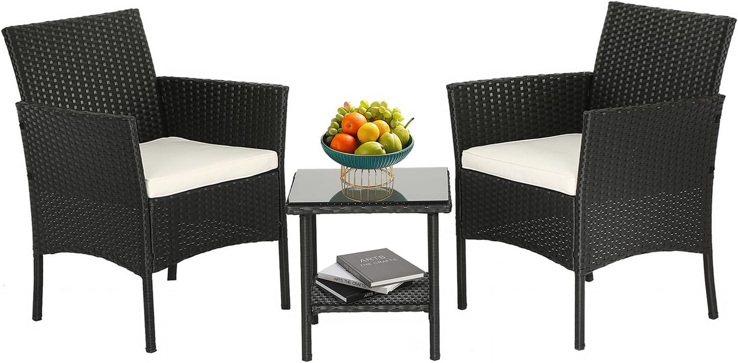 Wicker Outdoor Furniture Patio Furniture Set of 3 Rattan Patio Chairs Outdoor Chairs Patio Conversation Set with Coffee Table for Yard Backyard Lawn Porch Poolside Balcony,Black