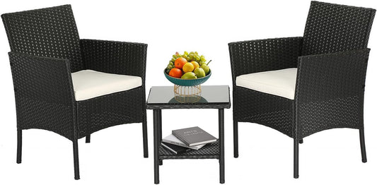 Wicker Outdoor Furniture Patio Furniture Set of 3 Rattan Patio Chairs Outdoor Chairs Patio Conversation Set with Coffee Table for Yard Backyard Lawn Porch Poolside Balcony,Black