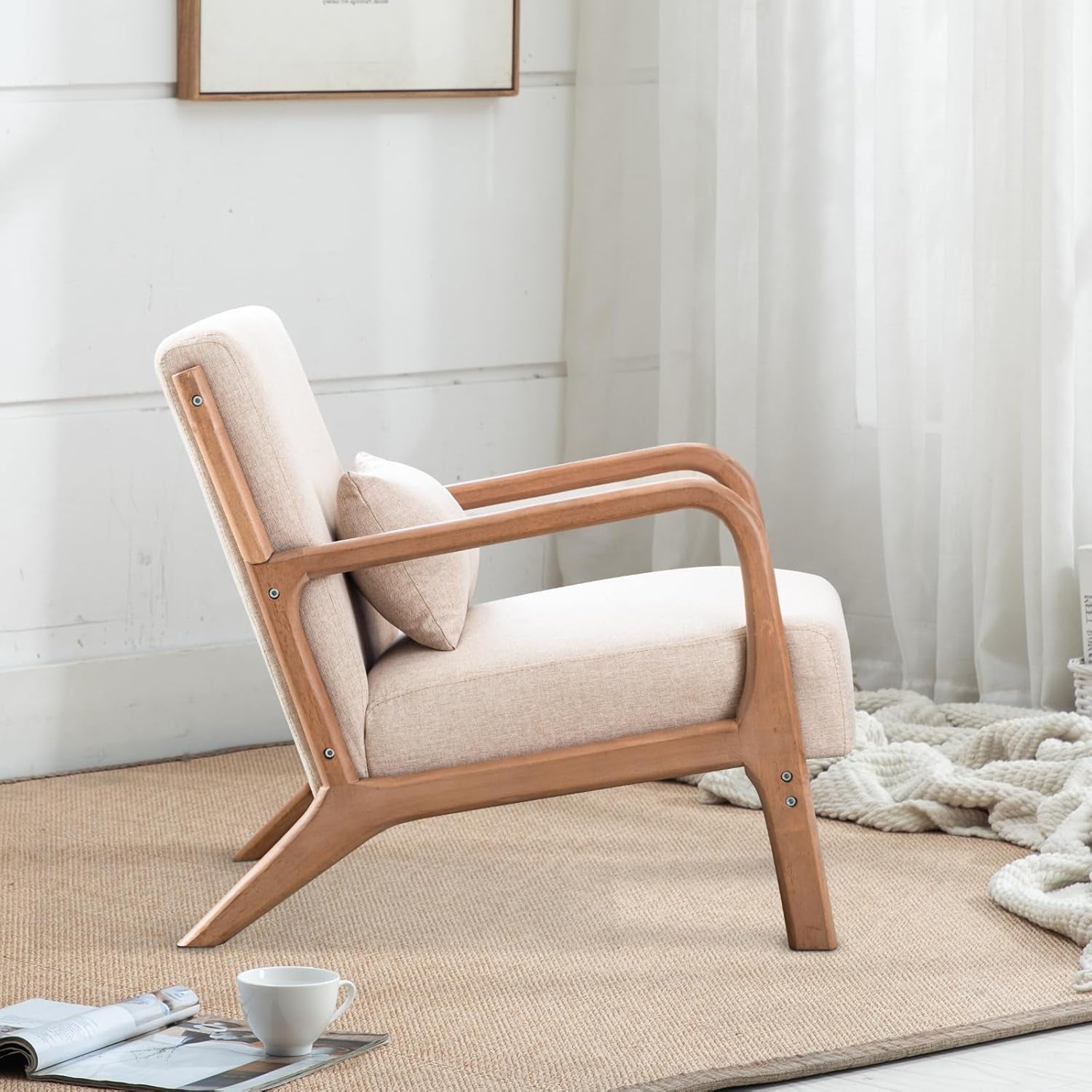 Mid Century Modern Accent Chair with Wood Frame, Upholstered Living Room Chairs with Waist Cushion, Reading Armchair for Bedroom Sunroom (Beige)