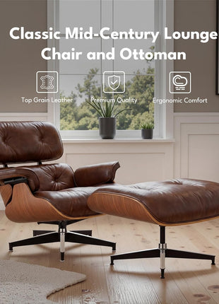 Mid-Century Modern Top Grain Leather Chaise Lounge Chair and Ottoman, Classic Accent Seating for Living Room and Office, Retro Aged Leather with Walnut Finish