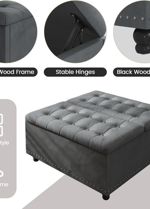35-Inch Large Square Ottoman with Storage – Oversized Lift-Top Coffee Table Featuring Wood Legs and Tufted Upholstered Design for Living Room in Gray