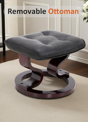Manual Swivel Recliner and Ottoman Set for Compact Spaces - Dark Grey Faux Leather for Living Room, Bedroom, and Office
