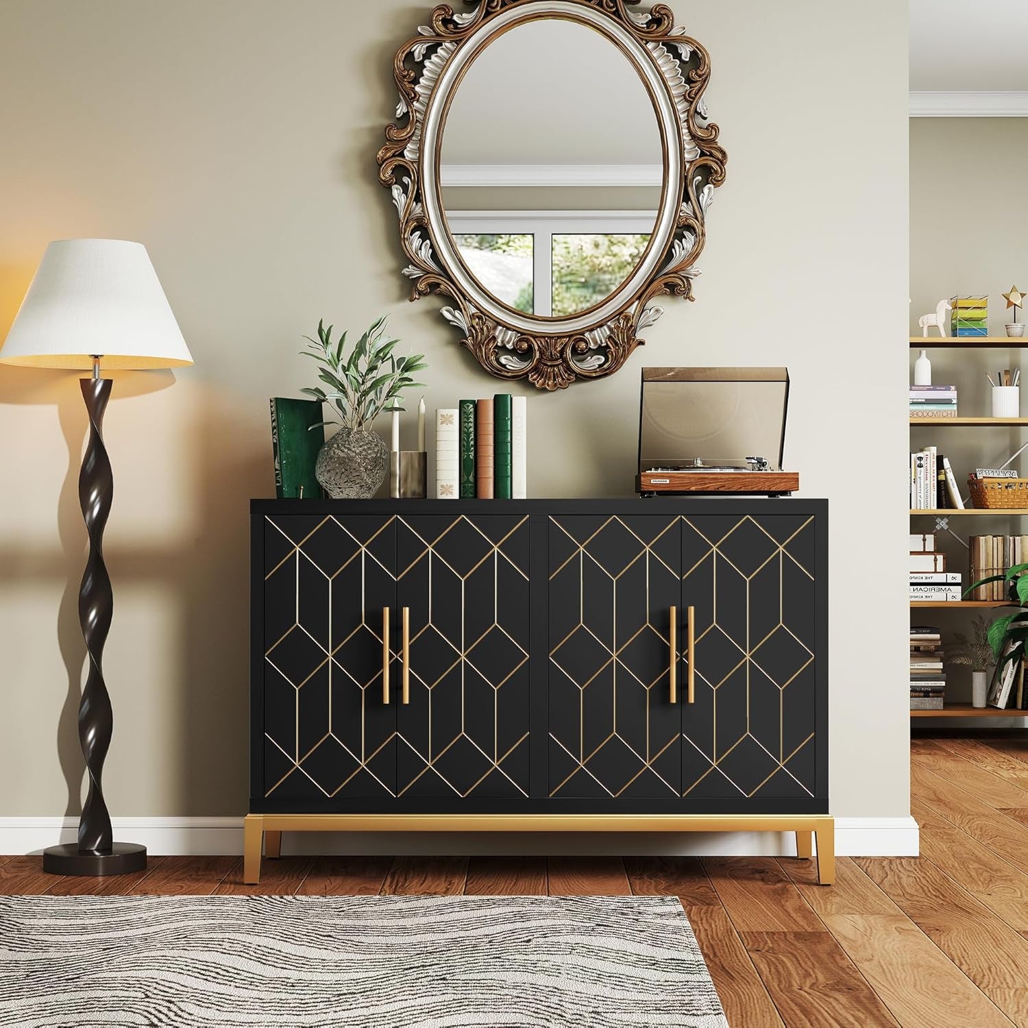 47.8" Storage Accent Cabinet with 4 Doors, Modern Sideboard Buffet Cabinet with Gold Lines, Wood Decorative Credenza with Storage for Living Room, Kitchen, Dining Room, Entryway, Black