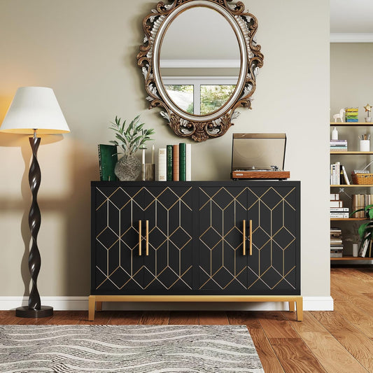 47.8" Storage Accent Cabinet with 4 Doors, Modern Sideboard Buffet Cabinet with Gold Lines, Wood Decorative Credenza with Storage for Living Room, Kitchen, Dining Room, Entryway, Black
