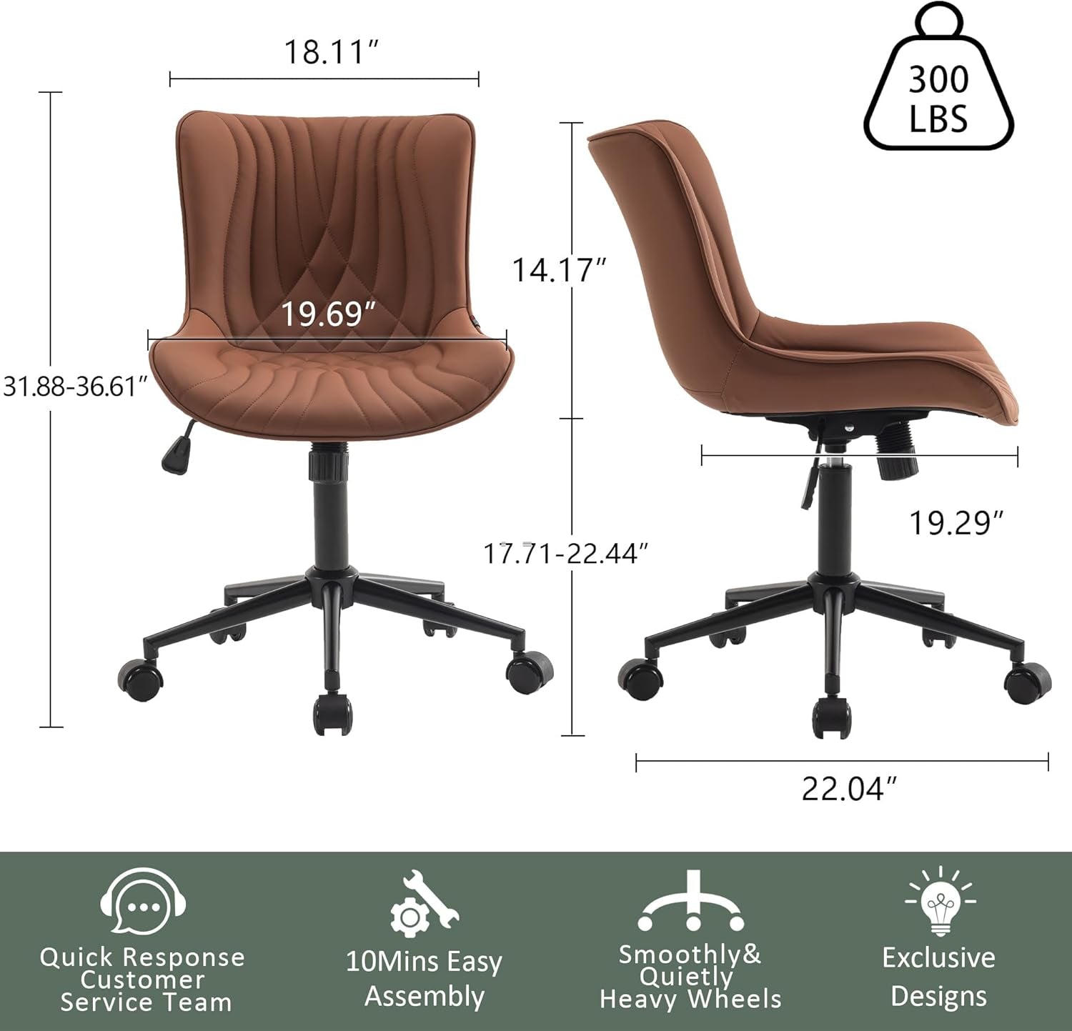 Coffee Brown Office Chair Modern Armless Desk Chair with Wheels Adjustable Swivel Rocking Rolling Computer Study Chairs Faux Leather Sewing Chairs with Back Stylish Vanity Chair