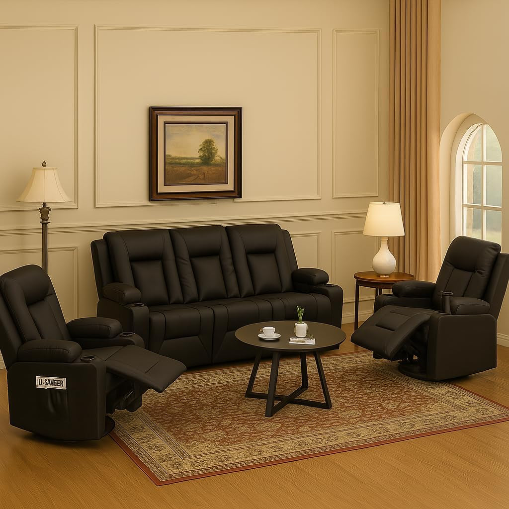 Leather Recliner Sofa Set with Manual Recliners,Living Room Furniture Set with Reclining Couch,Loveseat and Armchair,Living Room Chair with Cup Holders,Black (3+1+1)