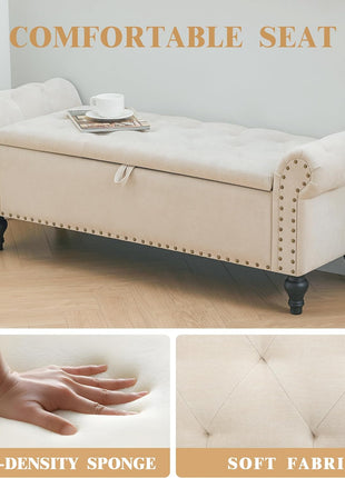 51-Inch Beige Chenille Upholstered Storage Ottoman Bench for Bedroom and Living Room
