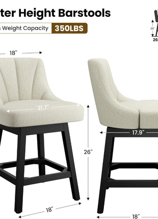 Set of 2 Modern Fabric Upholstered Swivel Bar Stools, 26" Counter Height Chairs with Back and Solid Wood Legs for Home Bar and Dining Room, Linen
