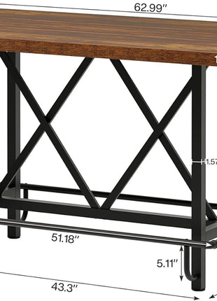 Industrial 63-Inch Rectangular Wood Dining Table with Metal Footrest and Sturdy Frame for Dining Room and Home Bar (Brown)