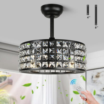 Bladeless Ceiling Fan with Lights and Remote, 18" Caged Industrial Fandelier, Indoor Crystal Chandelier Ceiling Fan for Bedroom, Living Room, Dinning Room, Kids Room, Black