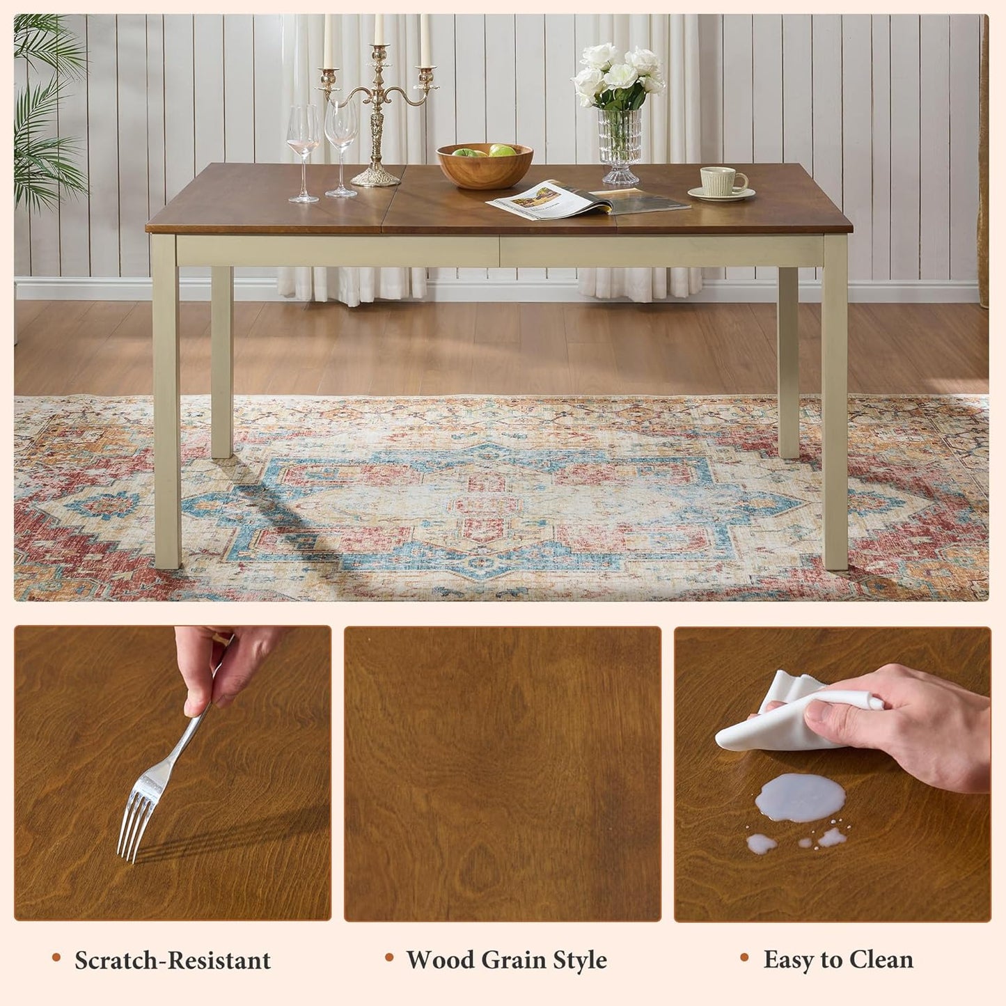 7-Piece Farmhouse Solid Wood Dining Table Set with 6 Upholstered Chairs, 60" Space Saving Dinner Table & Chairs Set, for Dining Room, Kitchen, Restaurant, Rustic Cream