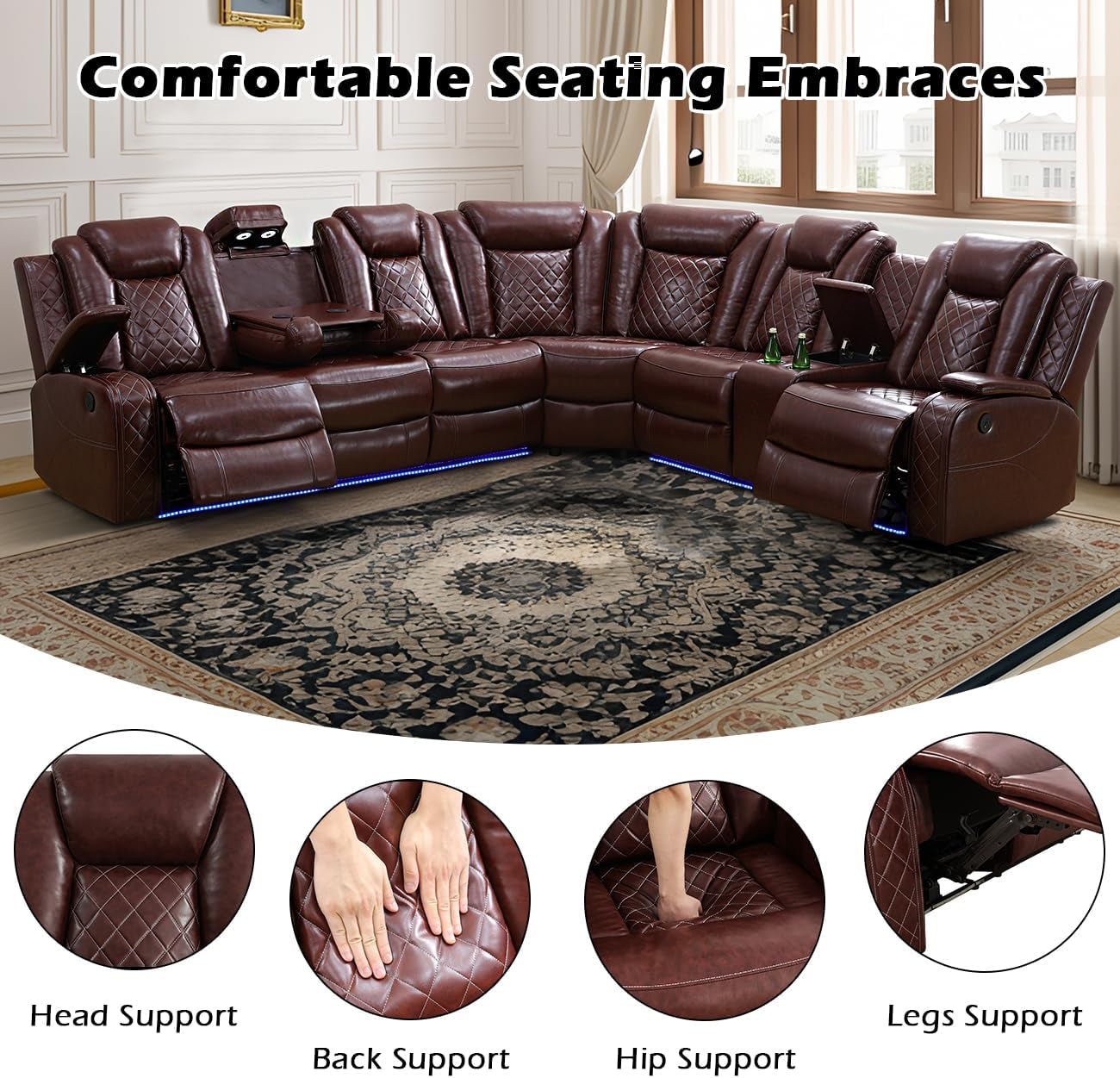 Power Recliner Sectional Sofa Set for Living Room Furniture Sets,Leather Reclining Couch Set with LED Lights,L- Shaped Leather Couch for Living Room/Home Theater/Club(Burgundy,Sectional)