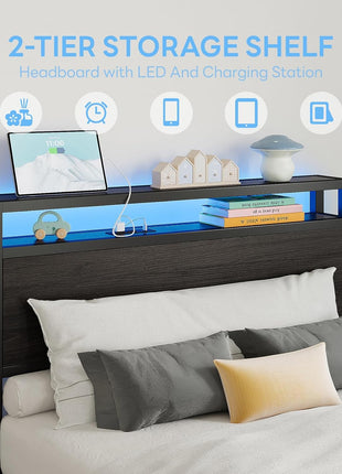 Twin XL Bed Frame with DIY Storage Drawer Configuration, Headboard Featuring 2-Tier Shelves, Charging Station, and LED Lighting, Ideal for Teen Rooms, Small Apartments, and Bedrooms, Black