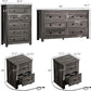 5-Piece Farmhouse Bedroom Set, 1 X Queen Size Bed Frame, 1 X 5 Drawer Dresser, 1 X Wood Rustic 6 Drawer Storage Dresser, Nightstand Set of 2 with Charging Station, Bedroom Furniture Set, Grey