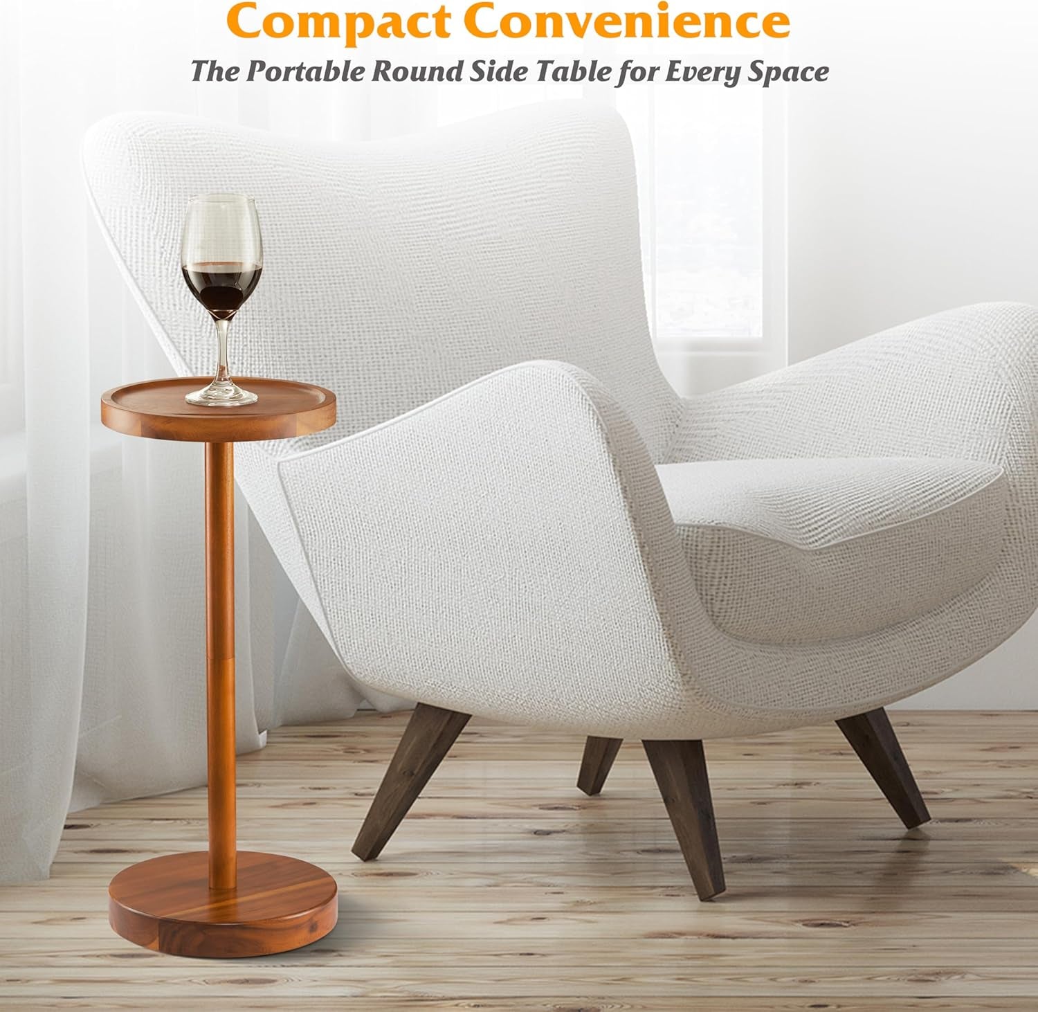 Drink Table, 22" Tall Compact Side Table with Phone Slot and Weighted Base, Durable Pedestal Table Accent for Living Room, Bedroom, or Office, Cocktail and Martin (1, Acacia)