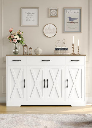 55" Buffet Cabinet with Drawers and Shelves, Modern Farmhouse Sideboard Storage for Kitchen and Dining Room, White/Rustic Finish