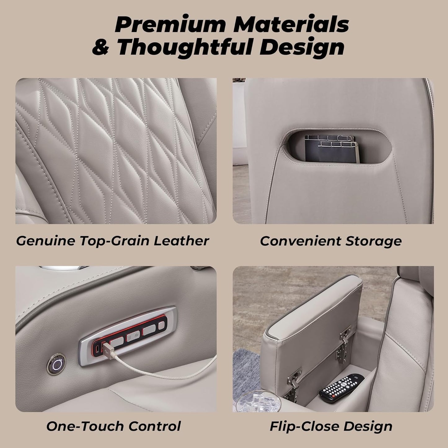 Boyington Contemporary Leather Match Power Reclining Sofa with USB Charging Ports, LED Lights and Adjustable Headrest, Light Gray