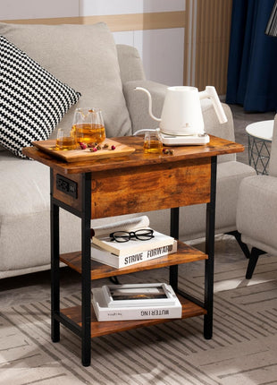 End Table with Built-in Charging Station, Flip Top Design Featuring USB Ports and Outlets, Multi-functional Sofa and Bedside Table for Living Room and Bedroom, Space-saving Nightstand with Storage Shelves