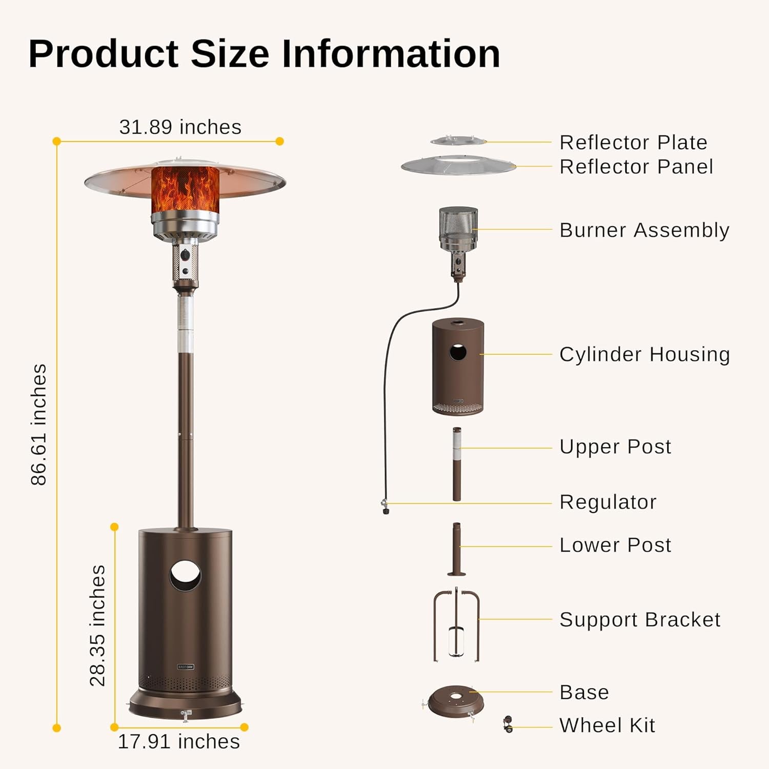 50,000 BTU Patio Heater for Outdoor Use with round Table Design, Double-Layer Stainless Steel Burner and Wheels, Outdoor Patio Heater for Home and Commercial, Bronze, 31.9" X 31.9" X 86.6"