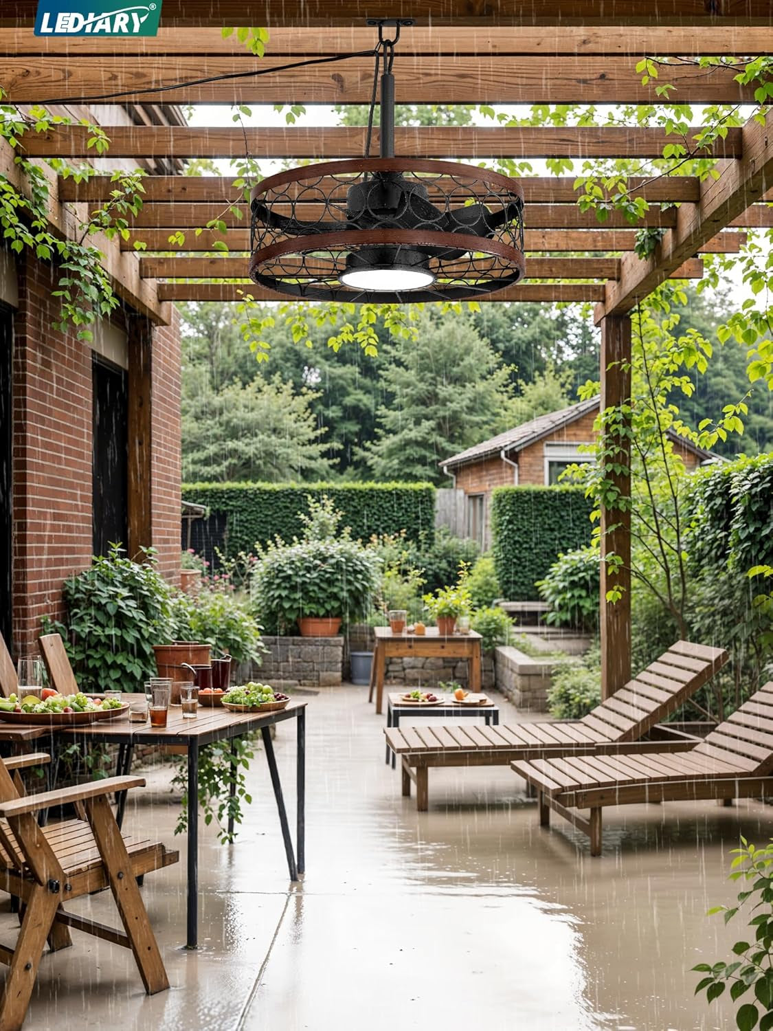 Outdoor Ceiling Fan with Light and Remote,Waterproof Gazebo Fan with Hanging Hook,6 Speeds, 3CCT, 20 Inch Caged Plug in Ceiling Fan for Patios,Porch, Pergola,Canopy