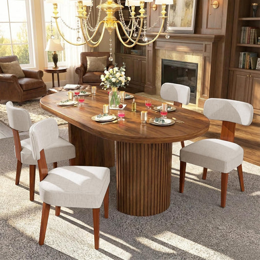 Mid Century Modern Dining Chairs Set of 4, Upholstered Dining Room Chairs with Curved Back, Linen Fabric Kitchen Chairs with Solid Wood Leg, Accent Chairs for Dining Room Kitchen, Linen Beige