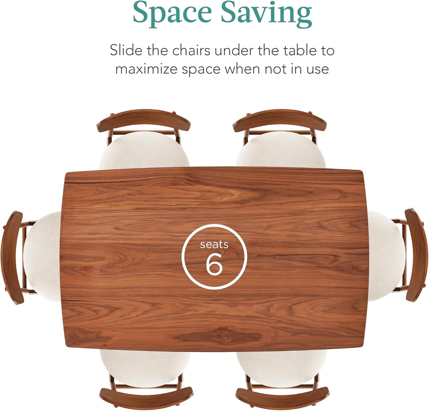 7-Piece Wooden Dining Room Table Set, Mid-Century Modern, Kitchen Table W/ 6 Chairs, Upholstered Cushions, Curved Backrests, Rounded Table Corners - Walnut/Cream