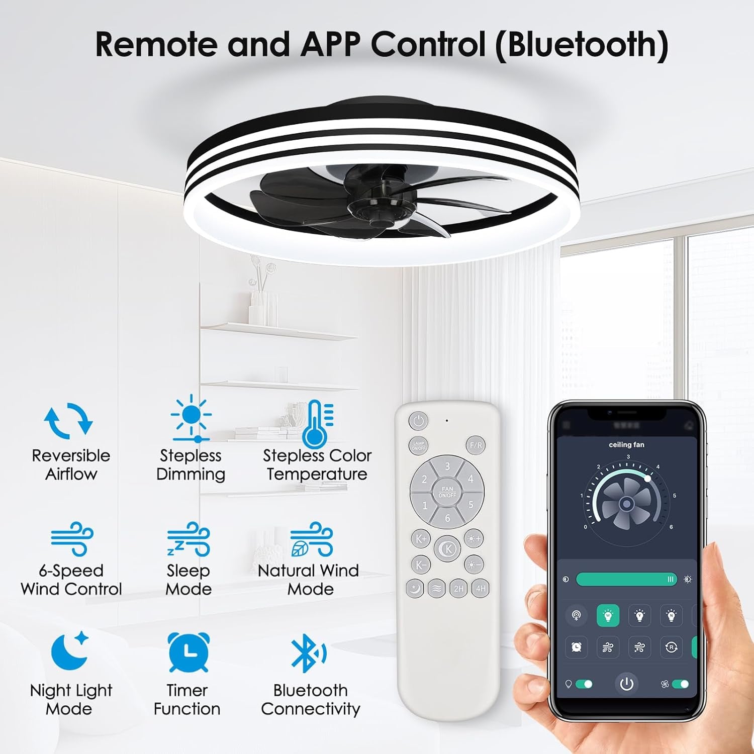 Ceiling Fans with Lights, 20'' Ceiling Fans with Lights and Remote, Low Profile Ceiling Fan with Light, 3 CCT & Dimmable, 6 Fan Speed, Remote&App Control Ceiling Fan for Bedroom, Living Room, Kitchen