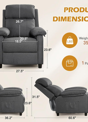 Padded Recliner Chair with Side Pockets for Adults - Compact Living Room Lounge Chair for Small Spaces (Linen)