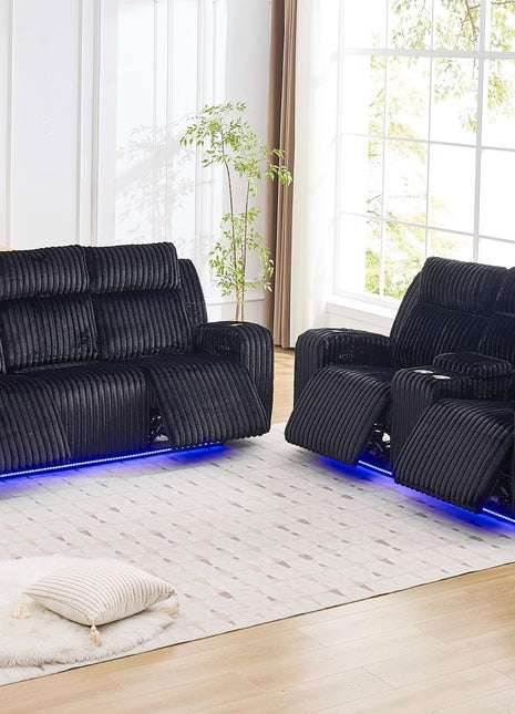Power Reclining Sofa Set with Adjustable Headrests, Zero Gravity Recliner Couch with Console, Drop-Down Table, Bass Speakers, and Reading Light for Living Room (Black)