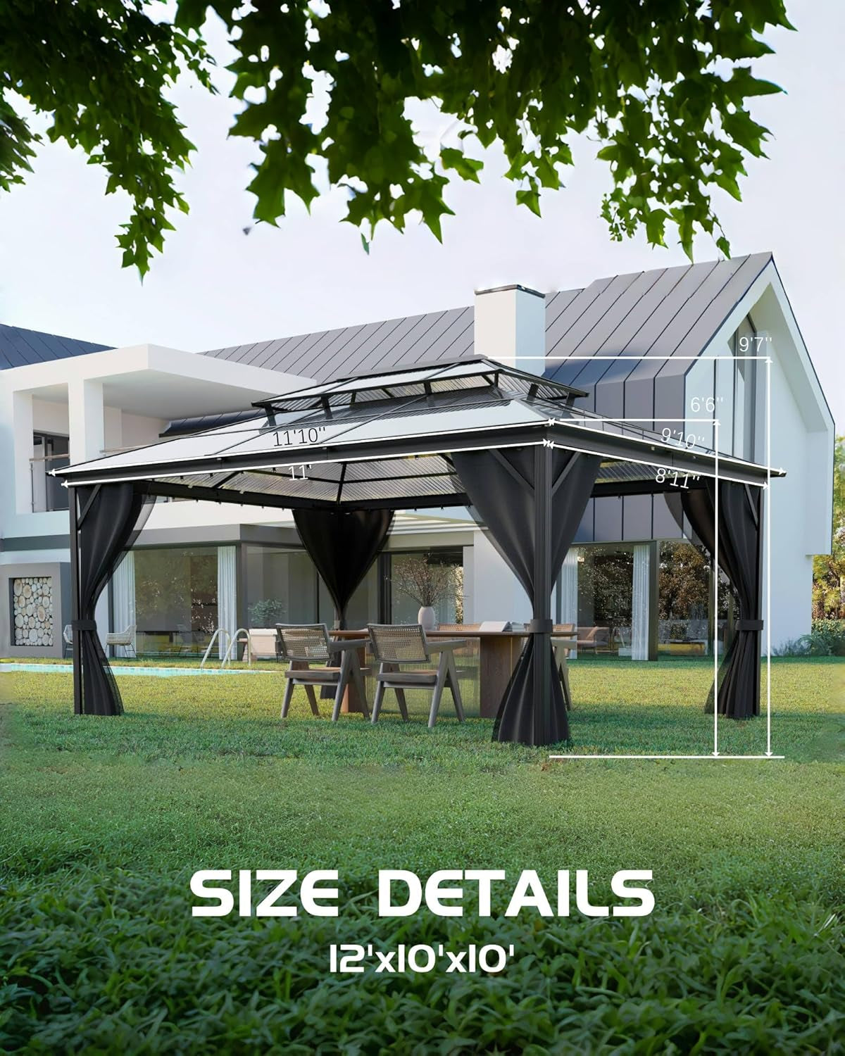 10 Ft X12 Ft Hardtop Gazebo for All Weather, Double Polycarbonate Sheets Roof, Aluminum Alloy Frame, Net, and Curtain, Permanent Building for Patio, Deck, Backyard, Lawn, and Garden, Gray
