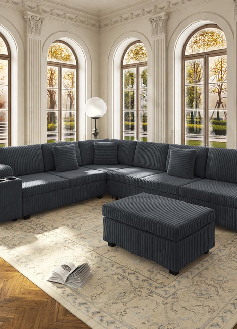 Spacious 110" L-Shaped Plush Corduroy Modular Sectional Sofa with Pull-Out Bed, 6-Seater Sleeper Couch, Ottoman, USB Ports, and Cup Holders - Effortless Assembly, Ideal for Living Room, Gray