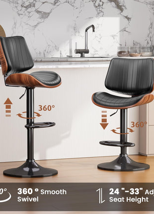 Set of 2 Adjustable Swivel Bar Stools in Mid-Century Modern Bentwood Design with PU Leather Upholstery, Backrest, and Footrest - Perfect for Kitchen Counter, Bar, or Dining Room, Black