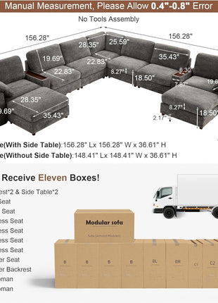 Luxurious Grey Oversized Modular L-Shaped Sectional Sofa with Integrated Side Tables and Storage - Plush Sleeper Couch for Ultimate Comfort (7-Seater with 2 Ottomans)