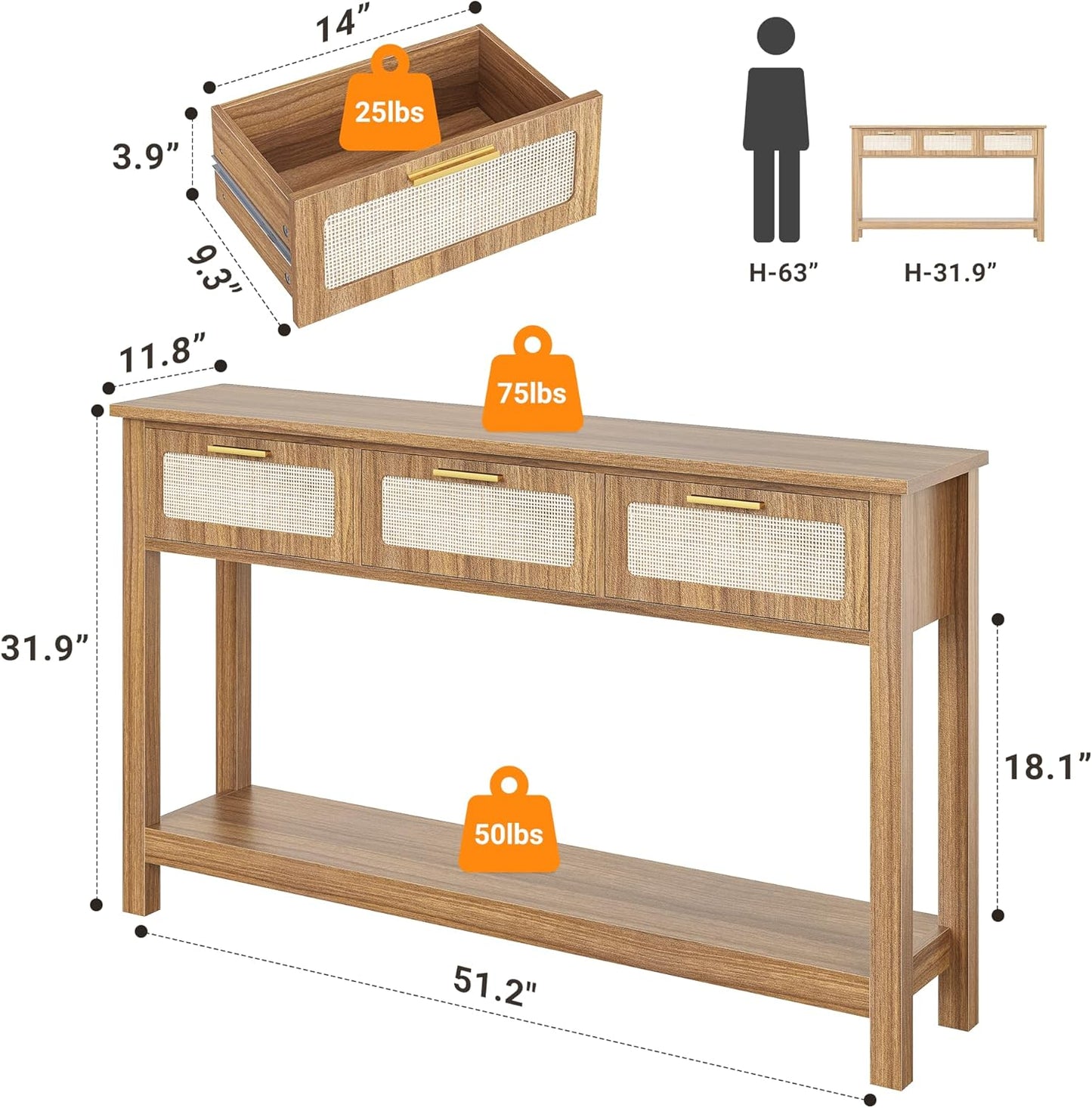 51.2" Entryway Table with 3 Rattan Drawers, Boho Console Table Narrow with Storage, Long Sofa Table for behind Couch Entry Hallway, Entrance, Living Room, Oak Brown