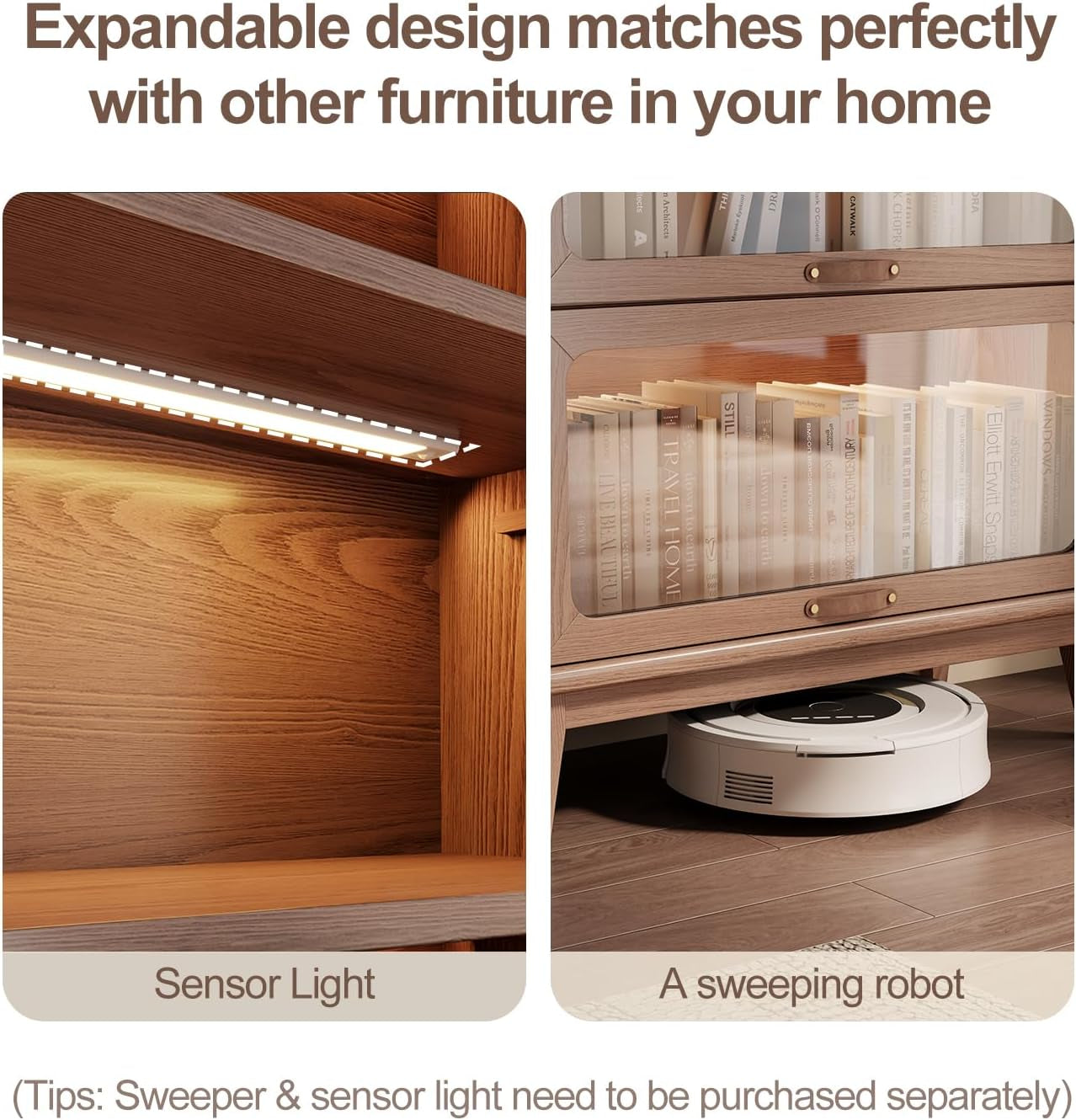 Solid Wood Book Case 5 Tier Bookcase with Tempered Clear Glass Flip-Up Doors Bookshelves Brown Natural Wood Bookshelf Versatile Pantry Cabinet with Storage Home Office (Log Color D14Xw32Xh72 Inch)